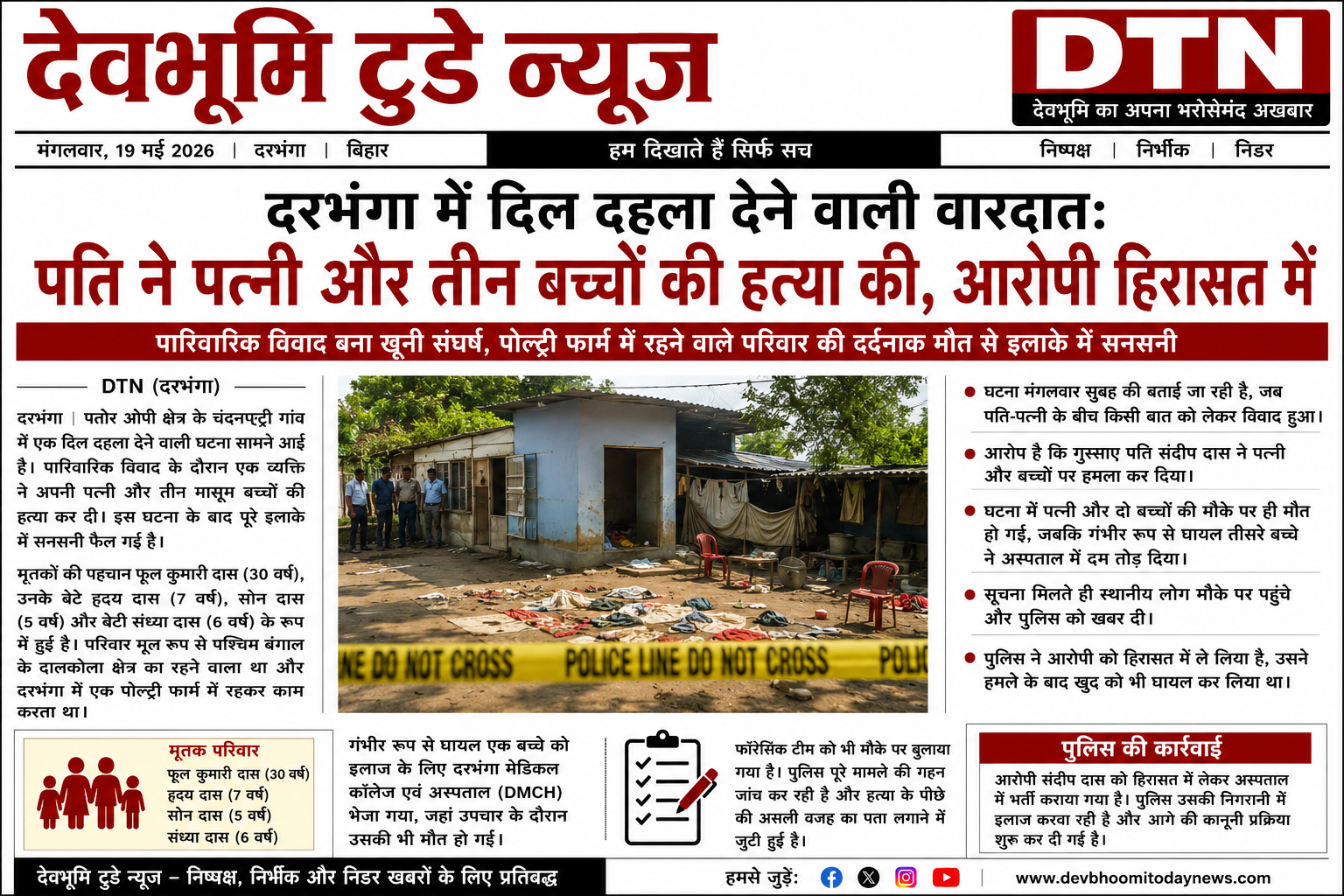 दरभंगा में दिल दहला देने वाली वारदात: पति ने पत्नी और तीन बच्चों की हत्या की, आरोपी हिरासत में