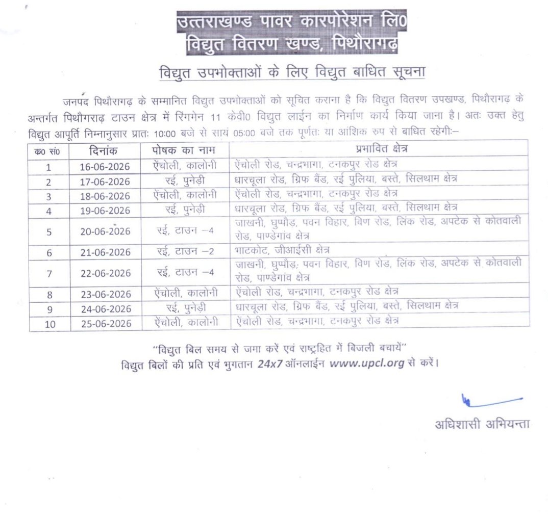 11 केवी लाइन निर्माण के लिए लगेगा शटडाउन, पिथौरागढ़ के कई इलाकों में 10 दिन प्रभावित रहेगी बिजली आपूर्ति