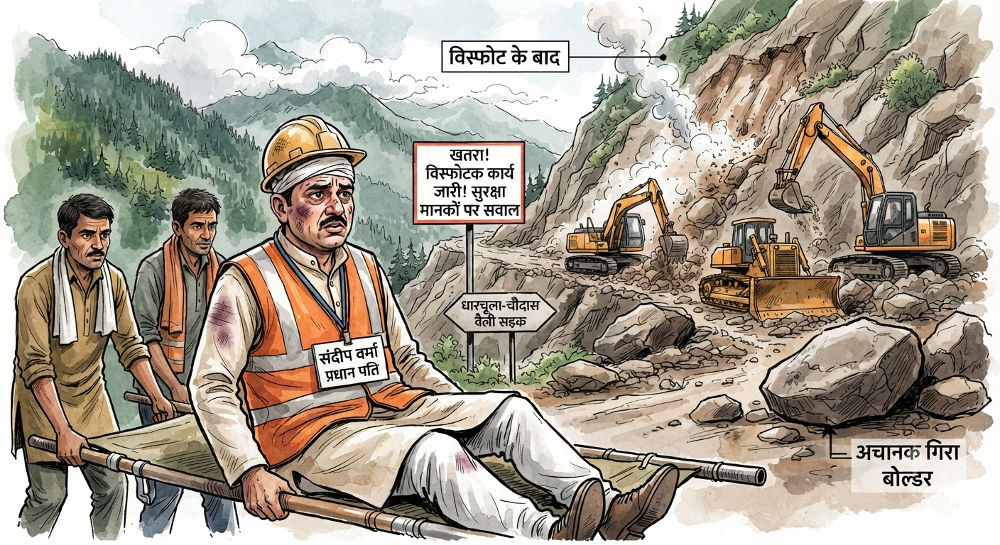 विस्फोट के बाद पहाड़ी से गिरा बोल्डर, प्रधान पति घायल