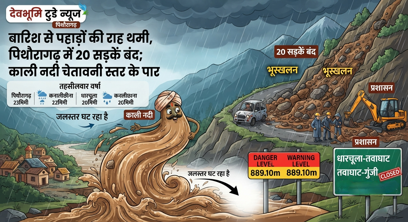 बारिश से पहाड़ों की राह थमी, पिथौरागढ़ में 20 सड़कें बंद; काली नदी चेतावनी स्तर के पार